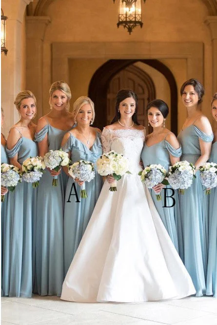 A Line Cold Shoulder Long Light Blue Chiffon Bridesmaid Dress with Ruffles OKR96