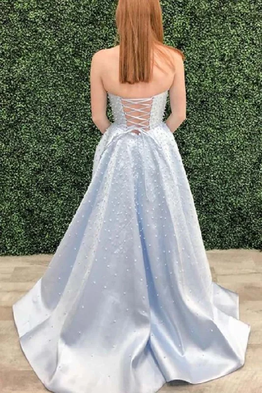 A-line Strapless Light Sky Blue Satin Prom/Formal Dress With Pearls OKU8