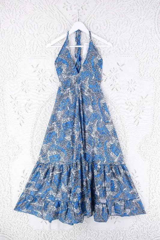 Blossom Halter Maxi Dress - Vintage Sari - Azure Blue & Grey Jacquard - Free Size M/L