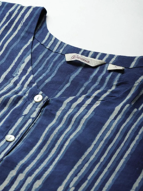 Blue Hand Block Printed Striped Kaftan Dress