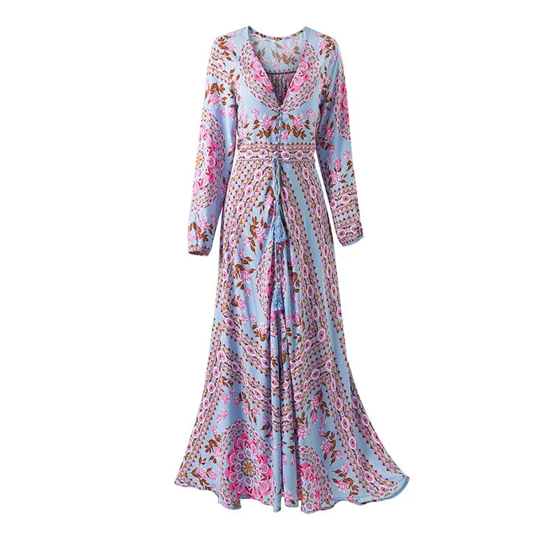 FashionSierra-Long Sleeve  Beach Maxi  Vintage  Blue Floral Print  V-neck  Drawstring Waist  Autumn  Spring Boho Dress