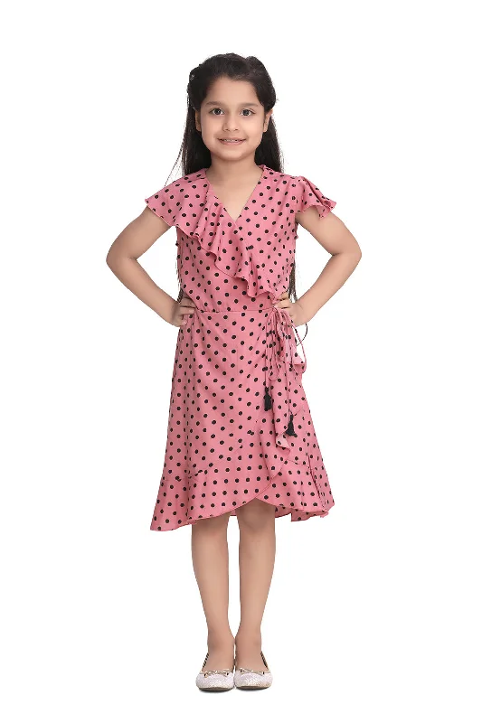 Girl's Pink Polka Dot Polyester Crepe Dress With Ruffle - StyleStone Kid