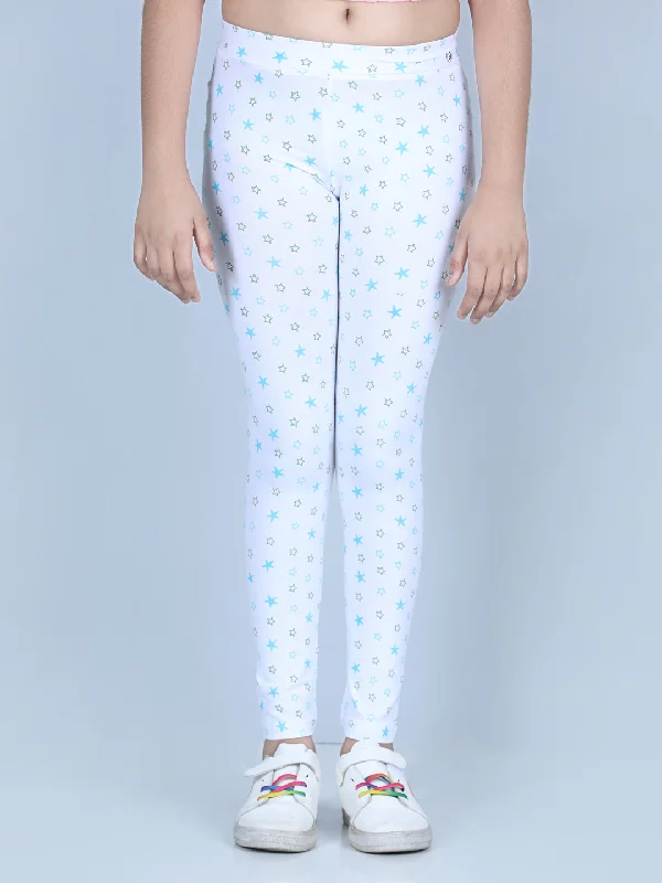 Girl's Star Printed Leggings With Flat Waistband- White - Stylestone Kid