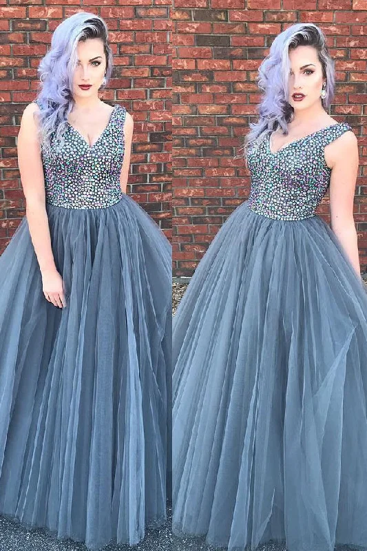 Luxurious A-line V Neck Sleeveless Grey Tulle Beading Long Prom Dresses OK982