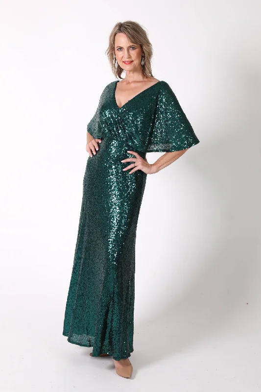 Martha Butterfly-Sleeve Sequin Maxi Dress - Emerald Green