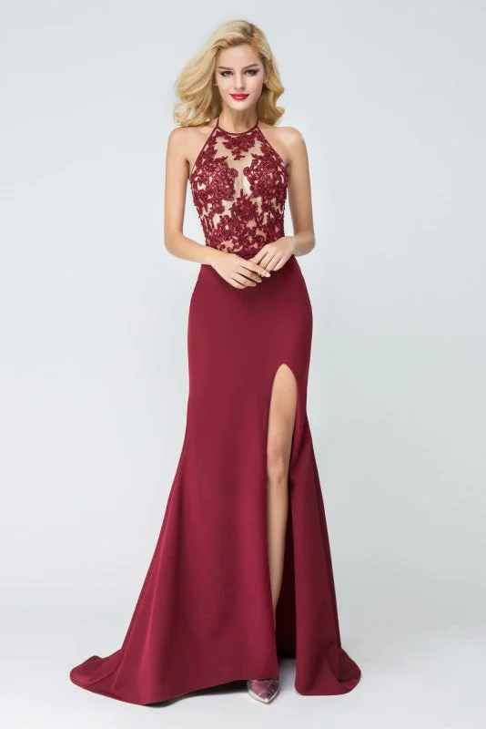 Mermaid Halter Sleeveless Burgundy Long Split Prom Dress,Evening Dresses OKA68