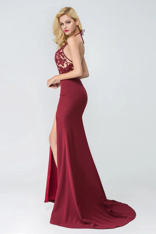 Mermaid Halter Sleeveless Burgundy Long Split Prom Dress,Evening Dresses OKA68