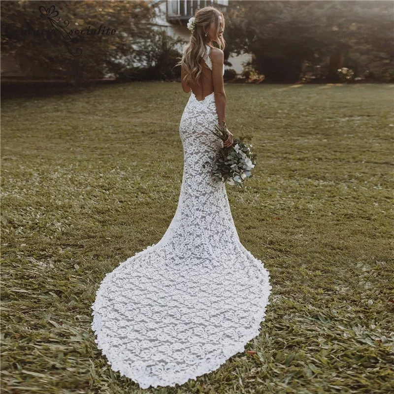 Mermaid Lace Beach Wedding Dresses Backless Slit Sexy Bohemian Bridal Gowns OKV12