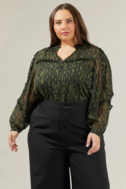 Monte Verde Abstract Ventura Split Neck Button Blouse Curve