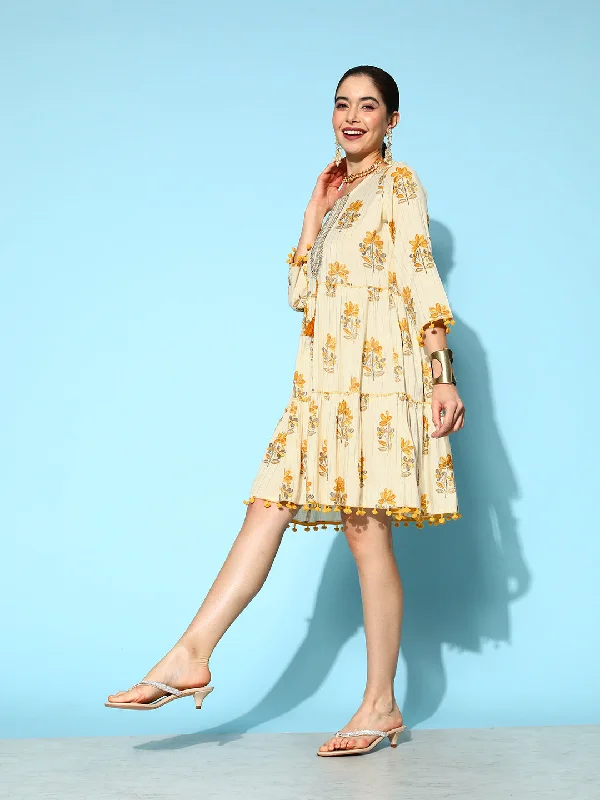 Women's Mustard Floral Fit And Flare Dress - Yufta