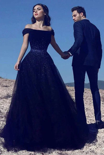 Navy Blue A Line Off Shoulder Tulle Beaded Long Prom Dresses OK900