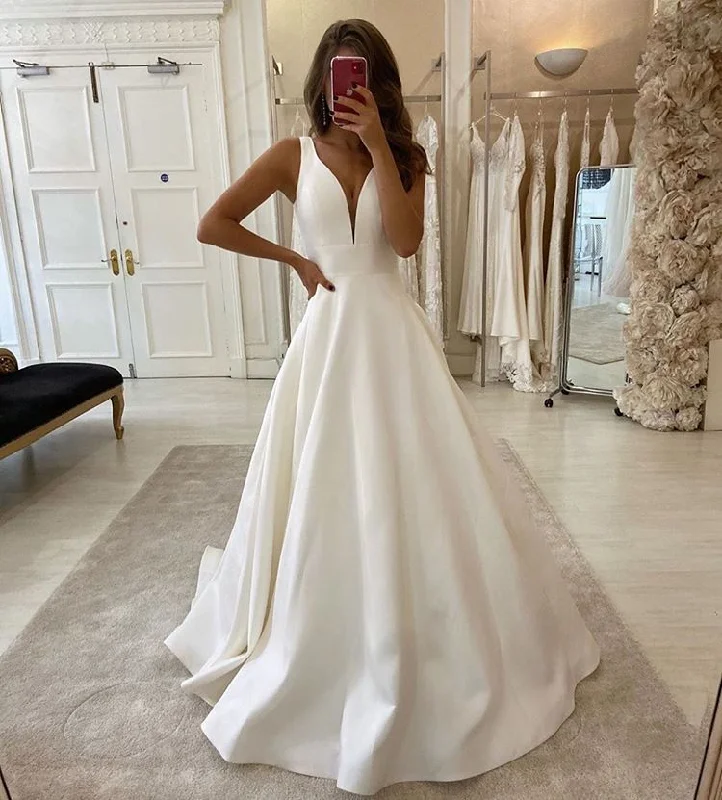 New Arrival V-neck Ivory Simple A-line Prom Dress Beach Wedding Dress OD914