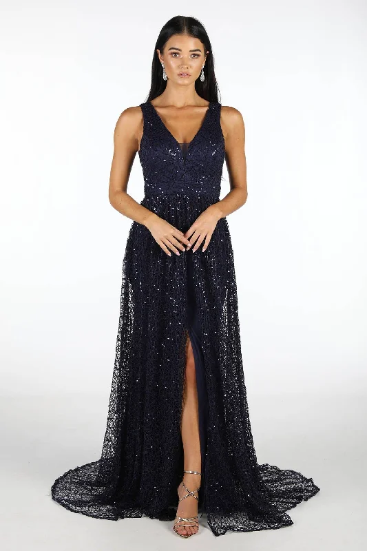 Renata A-Line Sequin Ball Gown - Navy