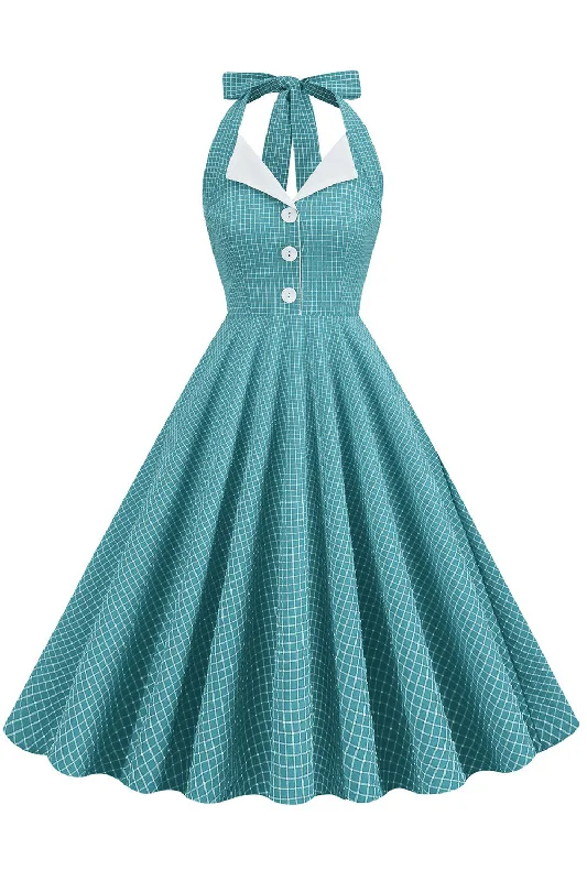 Retro Style Halter Neck Green 1950s Dress with Button