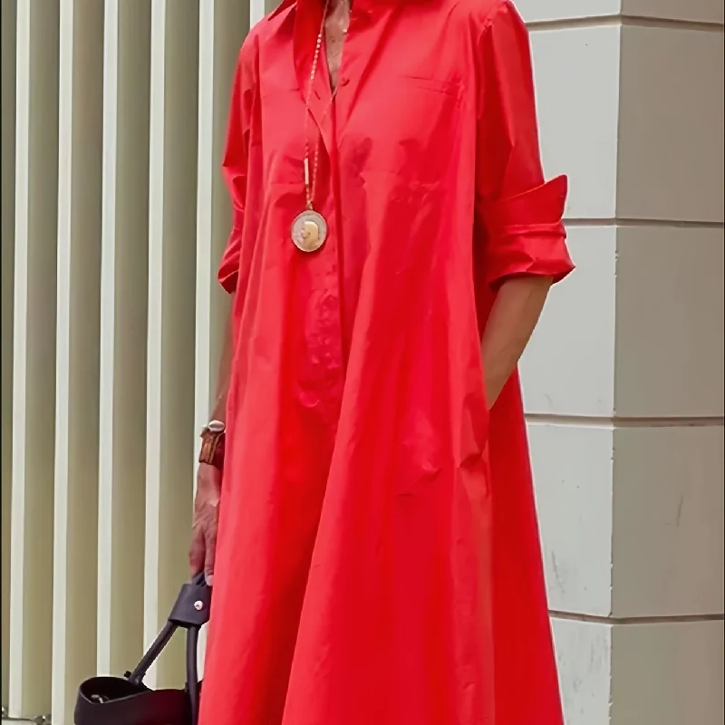 Sixsr Casual Solid Pocket Dress, Long Sleeves V-neck Simple Mid-length Fashion Commuter Dresses, Women's Clothing