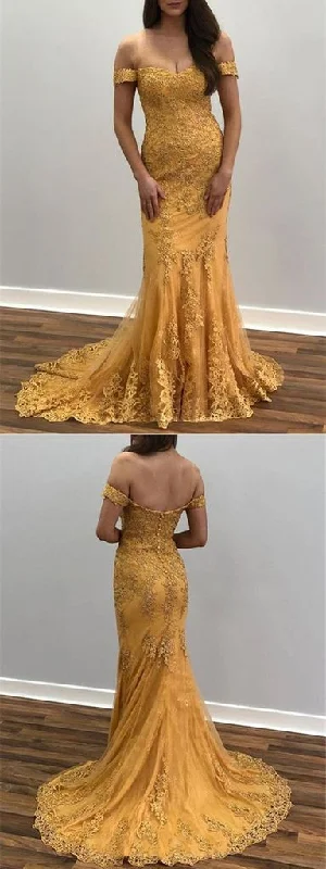 Mermaid Off-the-shoulder Lace Appliques Long Prom Dress Evening Dress OKR52