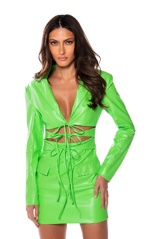 WAVE CUT OUT DETAIL FAUX LEATHER BLAZER DRESS