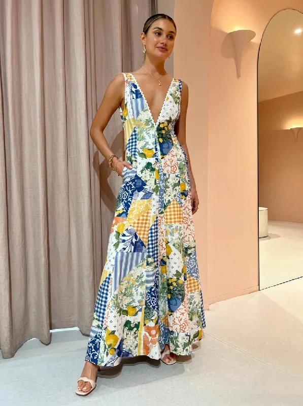 Hire BY NICOLA Wavy Maxi Dress In Lemon Patchwork