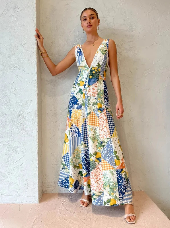 Hire BY NICOLA Wavy Maxi Dress In Lemon Patchwork