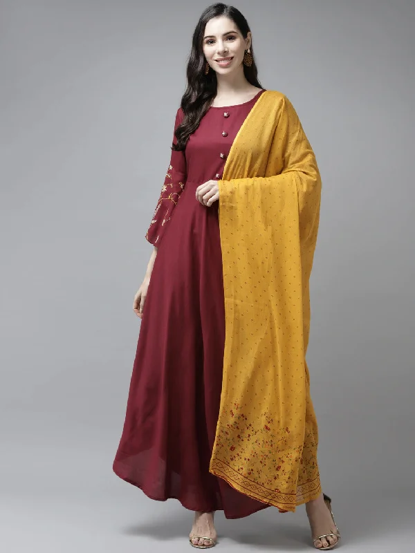 Women's Maroon Solid Rayon Maxi Dress Wirh Dupatta - Yufta