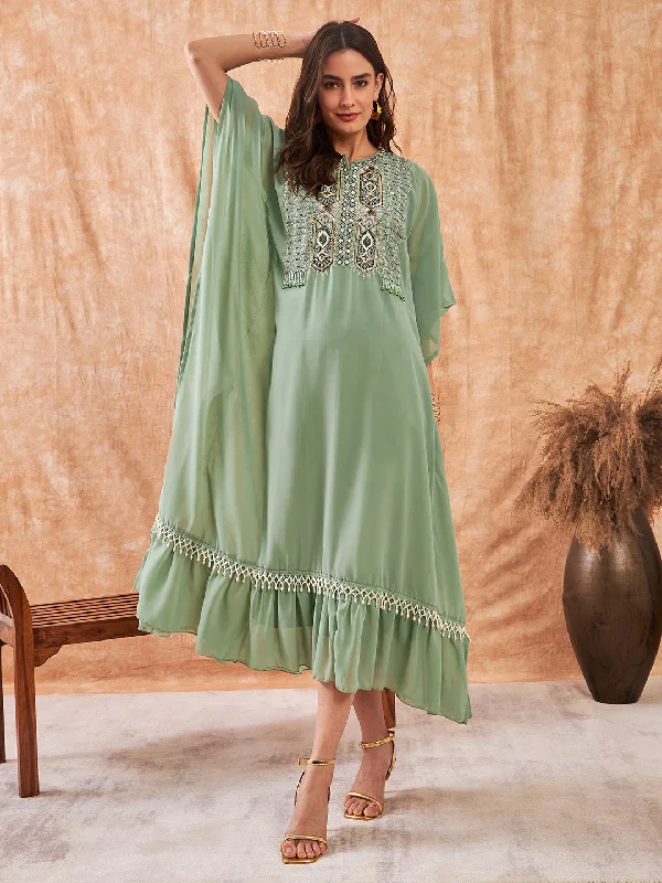 Women's Georgette Green Dress - The Kaftan Company