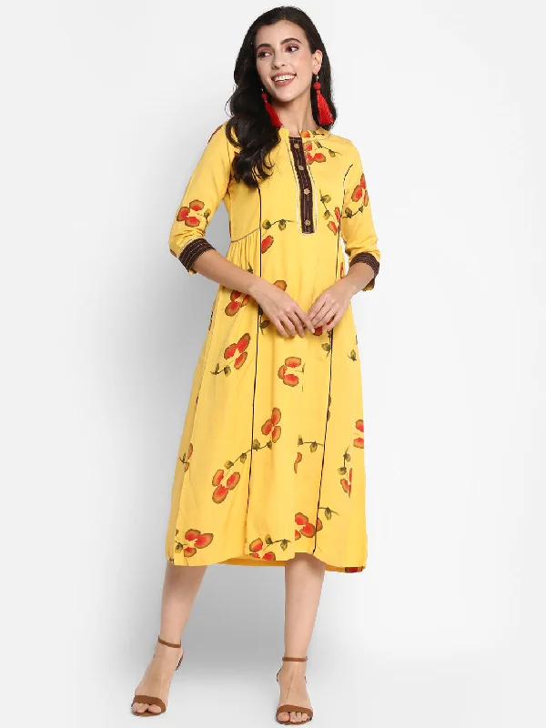 Women's Yellow Color Rayon Blend Solid A-Line Flared Dress  - Vaaba