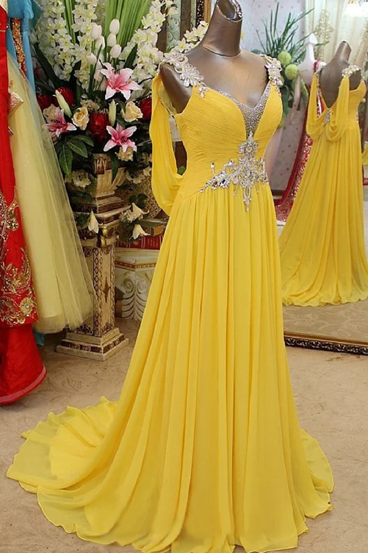 Pretty V-neck Long Chiffon Backless Beaded Prom Dresses K44