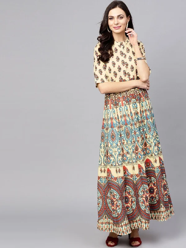 Women's  Cream-Coloured & Blue Printed Maxi Dress - AKS