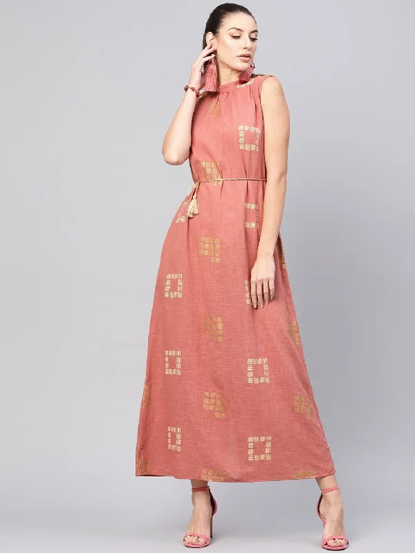 Women's  Dusty Pink & Beige Khari Print Maxi Dress - AKS