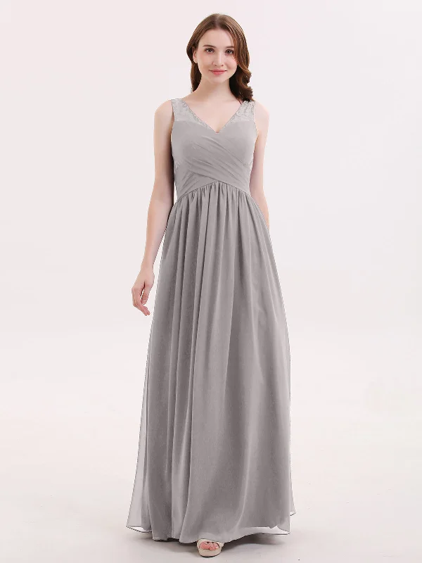 V Neck Chiffon and Lace Maxi Bridesmaid Gown Silver