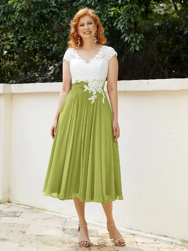 V Neck Chiffon Dress with Ivory Appliqued Bodice Clover