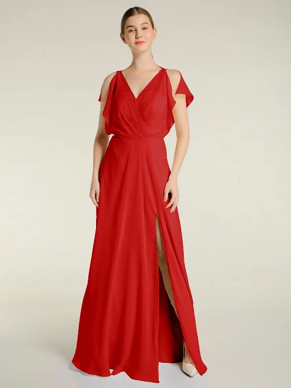 V Neckline Chiffon Maxi Dresses with Slit Red