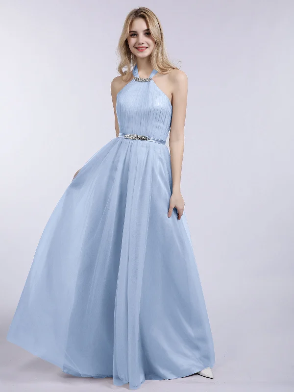 Halter Tulle with Beaded Long Dress Sky Blue