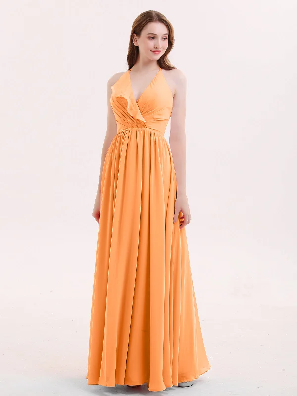 V Neck Full Length Chiffon Bridesmaid Dress Orange