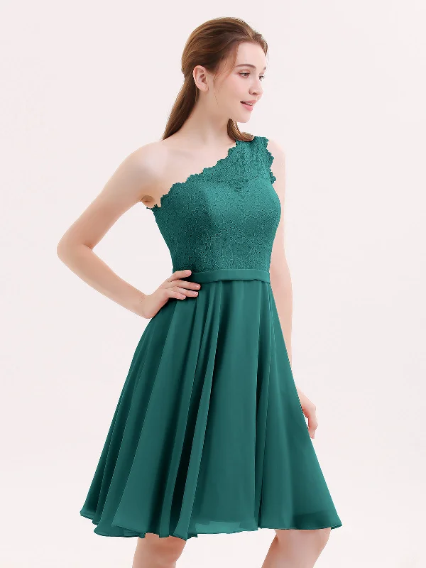 One Shoulder Short Lace Bridesmaid Dress Peacock