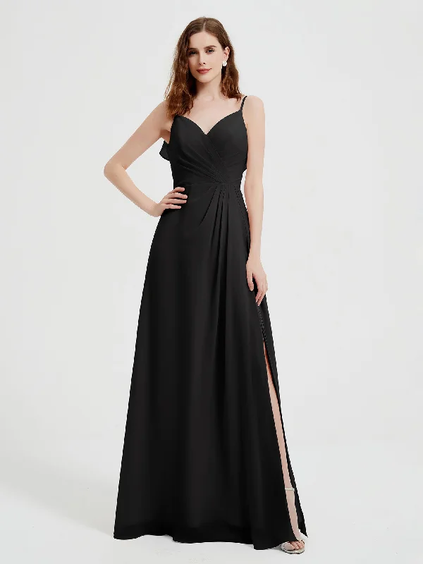 Spaghetti Straps V neck Dresses with Slit Black