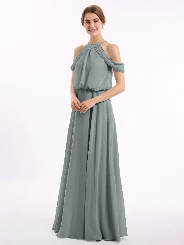 Halter Off the Shoulder Dress with blouson bodice Steel Grey