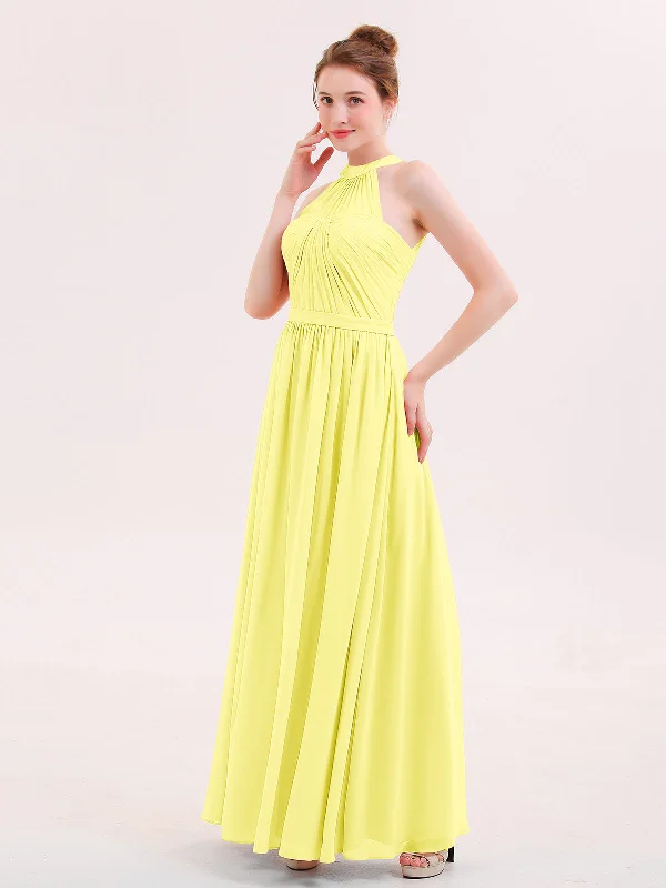 Halter Chiffon Long Bridesmaid Gown with Belt Lemon