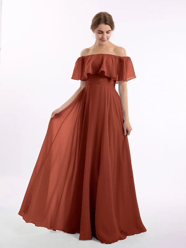 Off the Shoulder Chiffon Full Length Dress-Rust