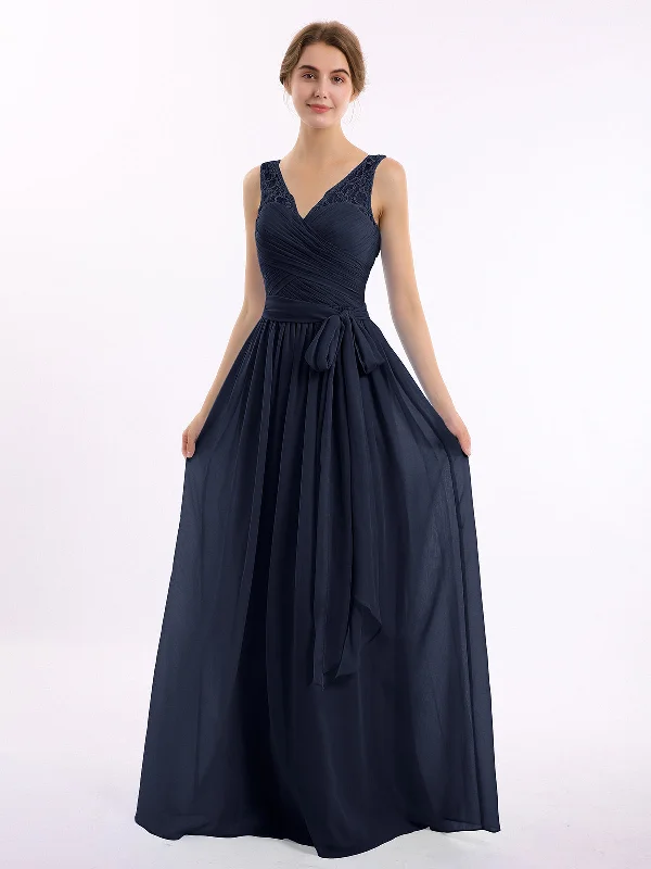 Lace Straps Long Chiffon Dresses with Bow Sash-Dark Navy