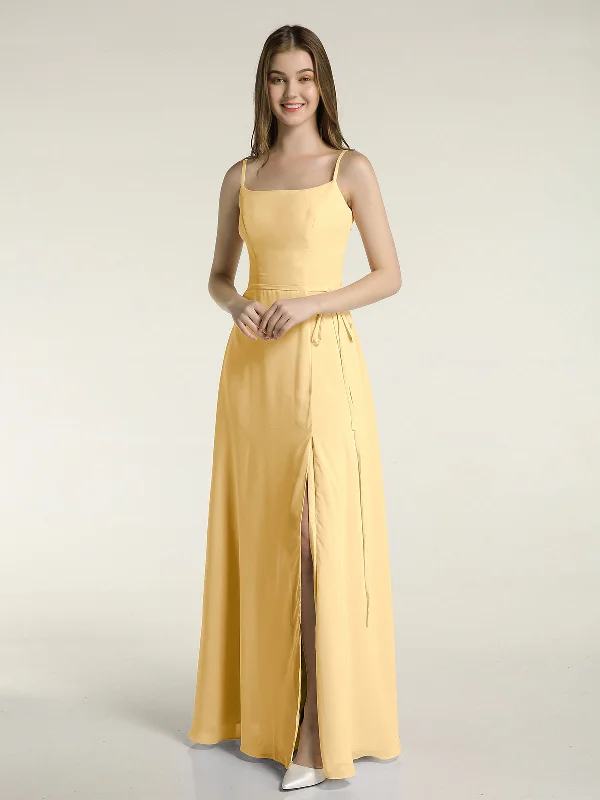 Simple Spaghetti Strap Chiffon Gowns with Slit-Gold