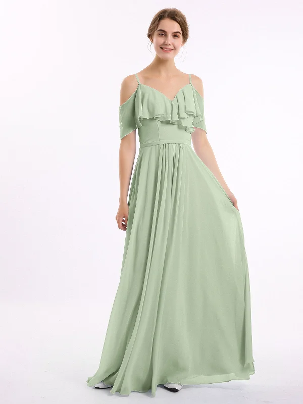 Off the Shoulder Spaghetti Strap Bridesmaid Gowns-Dusty Sage