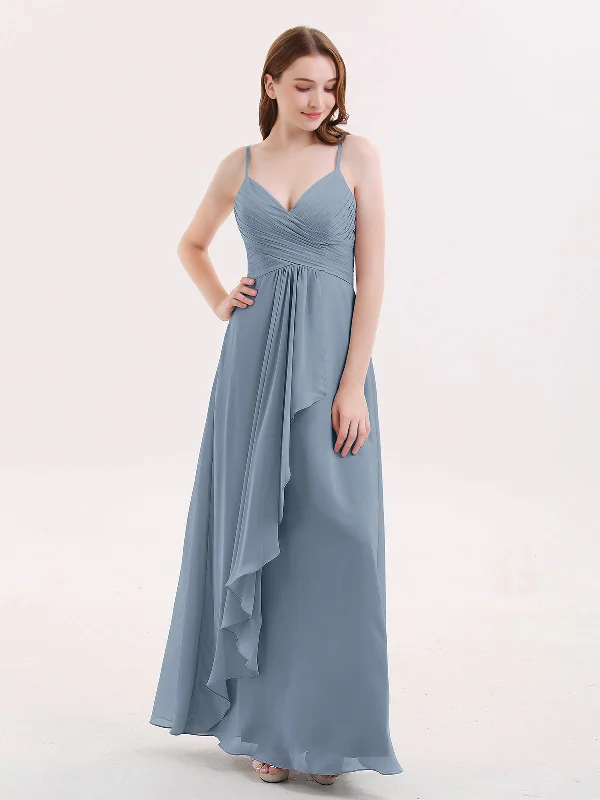 Chiffon Bridesmaid Dresses with Cascade Skirt-Dusty Blue