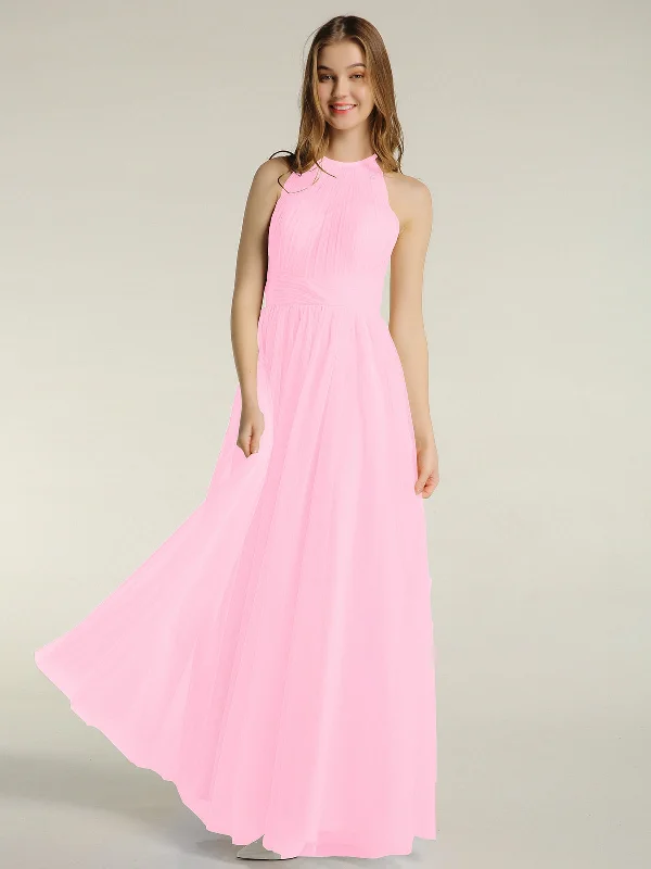 Illusion Neck Corss Waist Tulle Dresses-Candy Pink