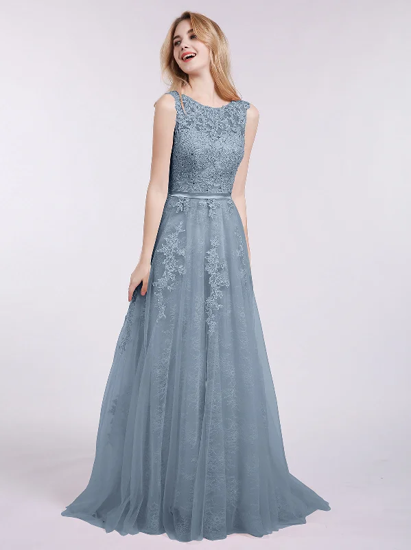 Illusion Neck Tulle with Appliqued Dress-Dusty Blue