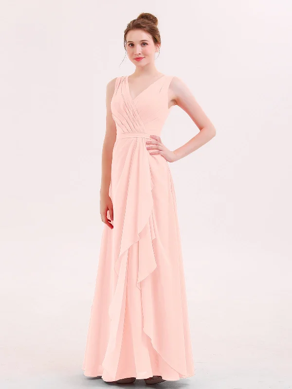 V-neck Chiffon Bridesmaid Gown with Cascade Skirt Pearl Pink