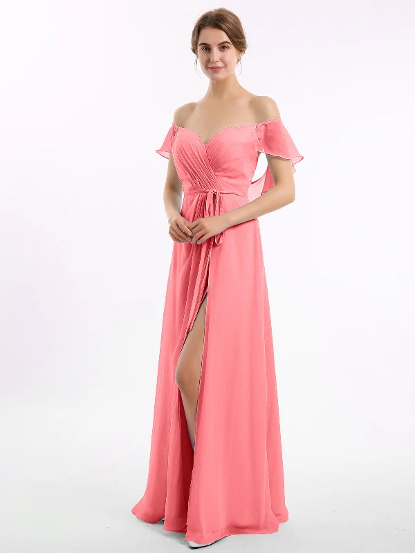 Cap Sleeves Chiffon Bridesmaid Dresses with Slit Watermelon