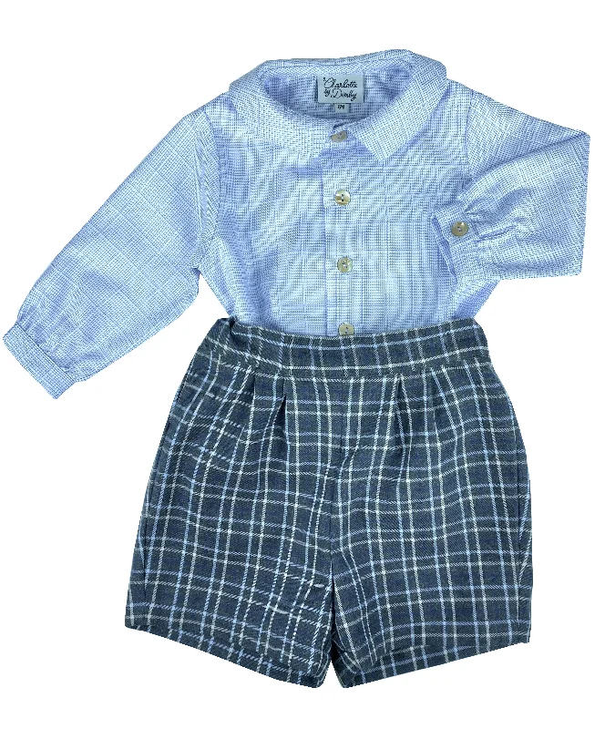 Boy two piece outfit : Blue shirt and checked shorts