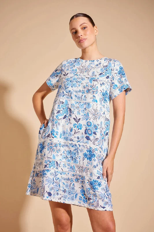 CLAUDETTE LINEN DRESS | Periwinkle Nina's Garden Print