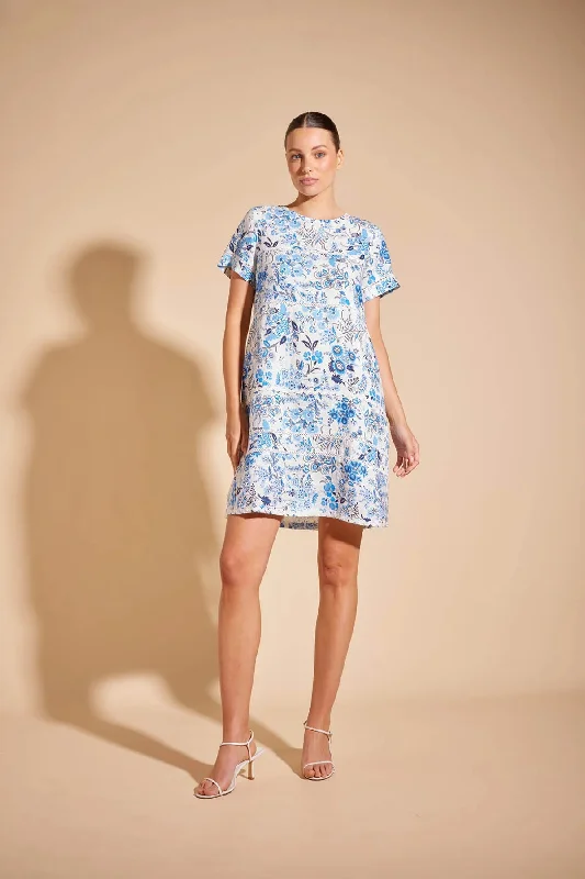 CLAUDETTE LINEN DRESS | Periwinkle Nina's Garden Print